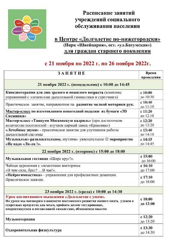 Расписание занятий в Центре «Долголетие по-нижегородски» на 21.11.- 26.11.2022